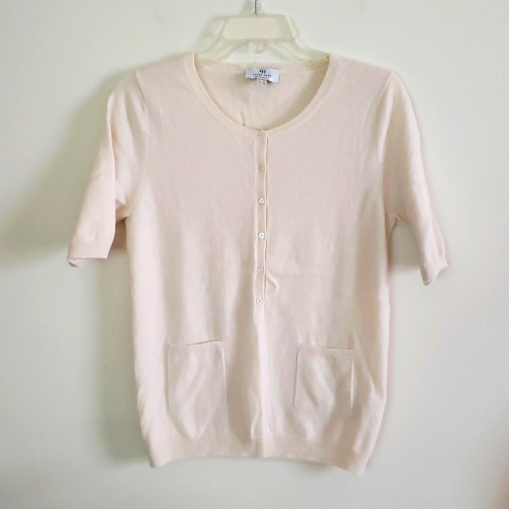 Peter Hahn quarter button down cashmere short sleeve sweater, front pockets Sz 8